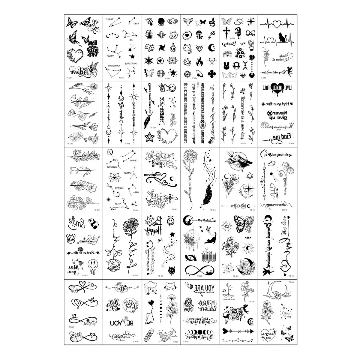 30Pcs Premium Black Fake Tattoos for Women, Waterproof Long Lasting Realistic Butterfly Flower Letter Small Fresh Arm Stickers