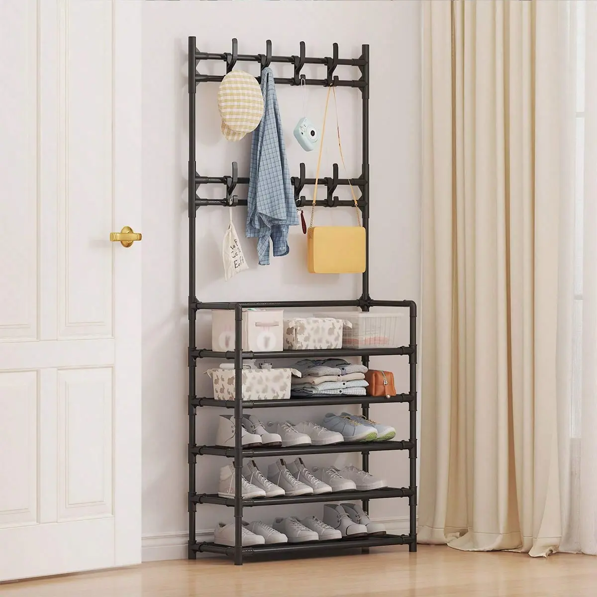 Metal Hallway Coat Rack Freestanding with Storage, Multifunctional Rack, 4/5 Tier Entryway Organizer, 23.62 Inch Wide, 8 Hooks for Hats and Shoes, Closet Shoe Organizer, Coat Hanger Stand, Jacket Rack