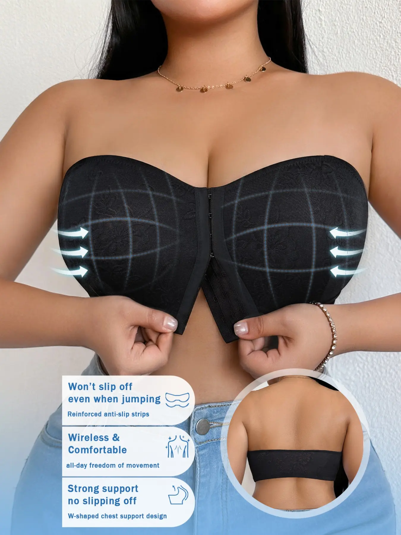 Women's Plus Size Wireless Unlined Front Closure Strapless Bra, Anti-slip Strips Design, Ultra Thin Breathable Skin-Friendly Comfort For Off Shoulder Dresses
