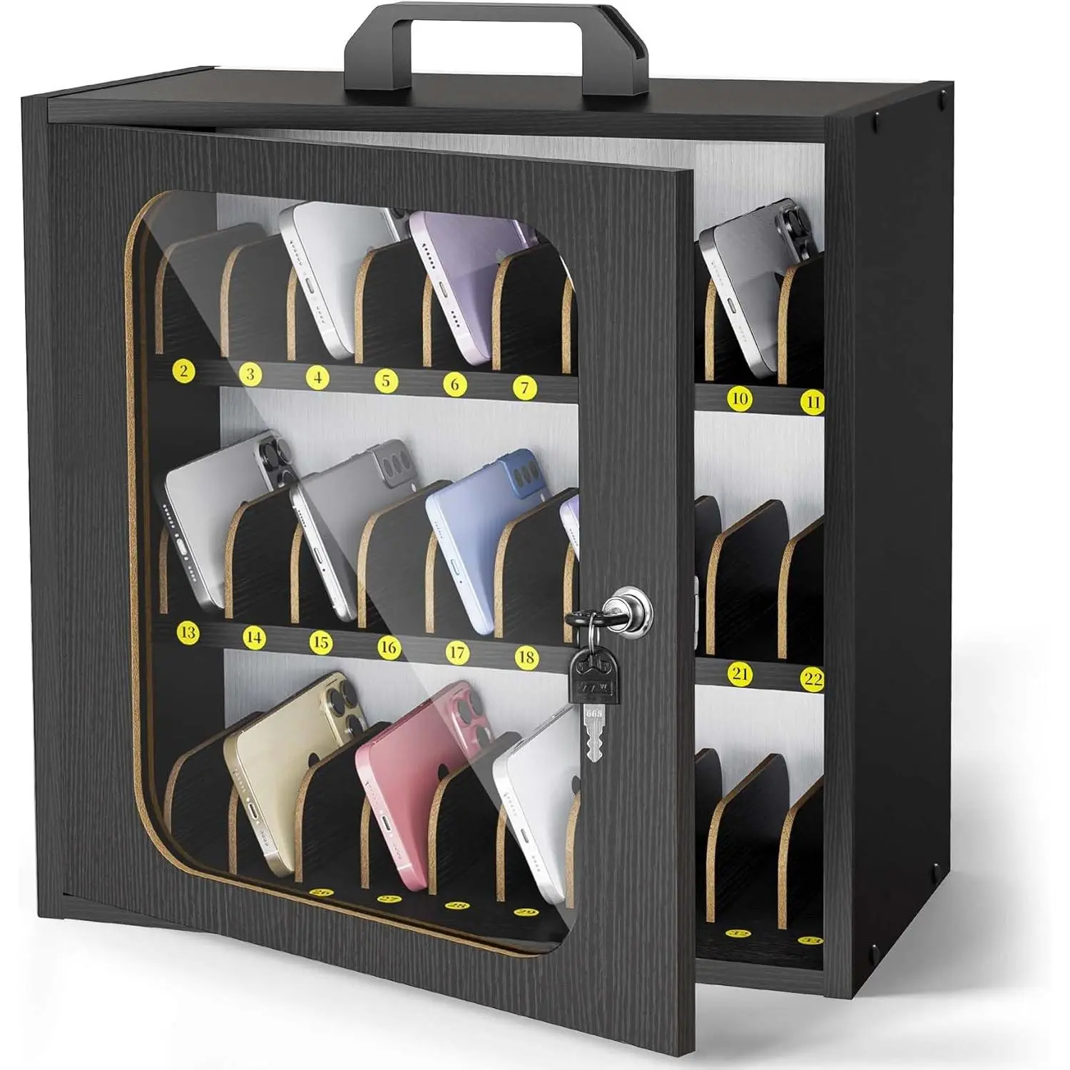Adjustable 33-Slot Wooden Cell Phone Storage Cabinet, Easy-Assembly Caddy for Classroom Teacher, Home Office Management