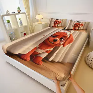 Wood Floor Background Shy Wounded Dog Fitted Sheet Set, Soft Microfiber Deep Pocket, Elastic Mattress Cover for Kids Bedroom