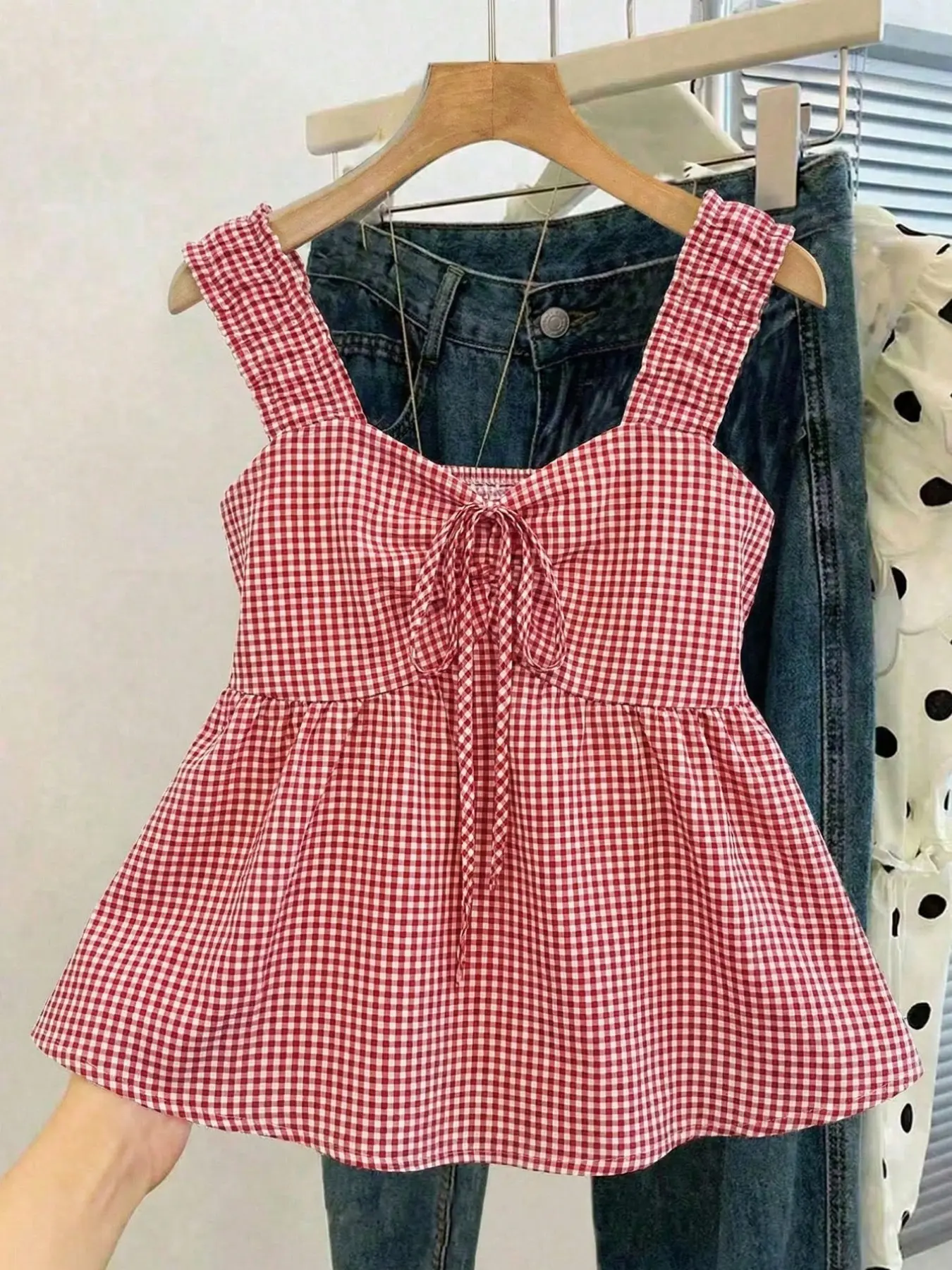 Women's Square Neck Tie Waist Sleeveless Plaid Top, Wide Strap Conceal Fat A-Line Short Bustier, Summer Commute Versatile Top