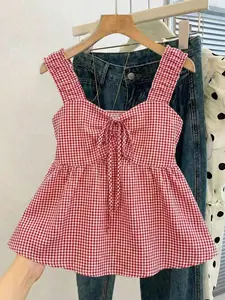 Women's Square Neck Tie Waist Sleeveless Plaid Top, Wide Strap Conceal Fat A-Line Short Bustier, Summer Commute Versatile Top