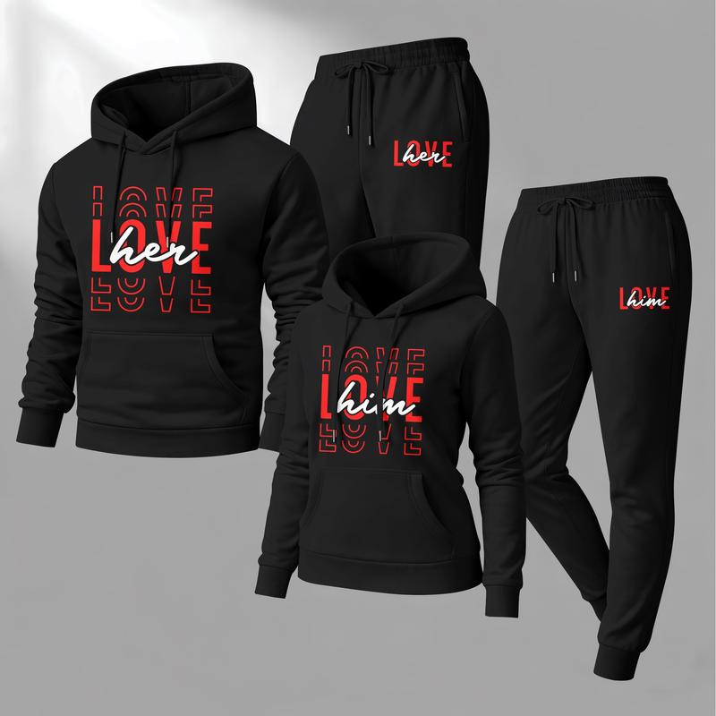 Couple's “LOVE her” and “LOVE him” Print Hoodie and Sweatpants Set, Casual Sportswear, Long-Sleeve Hooded Jacket and Pants, Suitable for Autumn, Winter, and Spring, Everyday Wear, Tracksuit