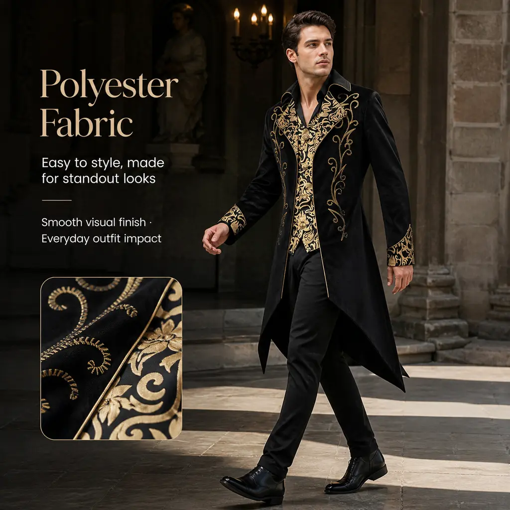 Men Black Victorian Tailcoat with Gold Embroidery, Renaissance Noble Long Coat, Medieval Royal Prince Cosplay Jacket Carnival Classic