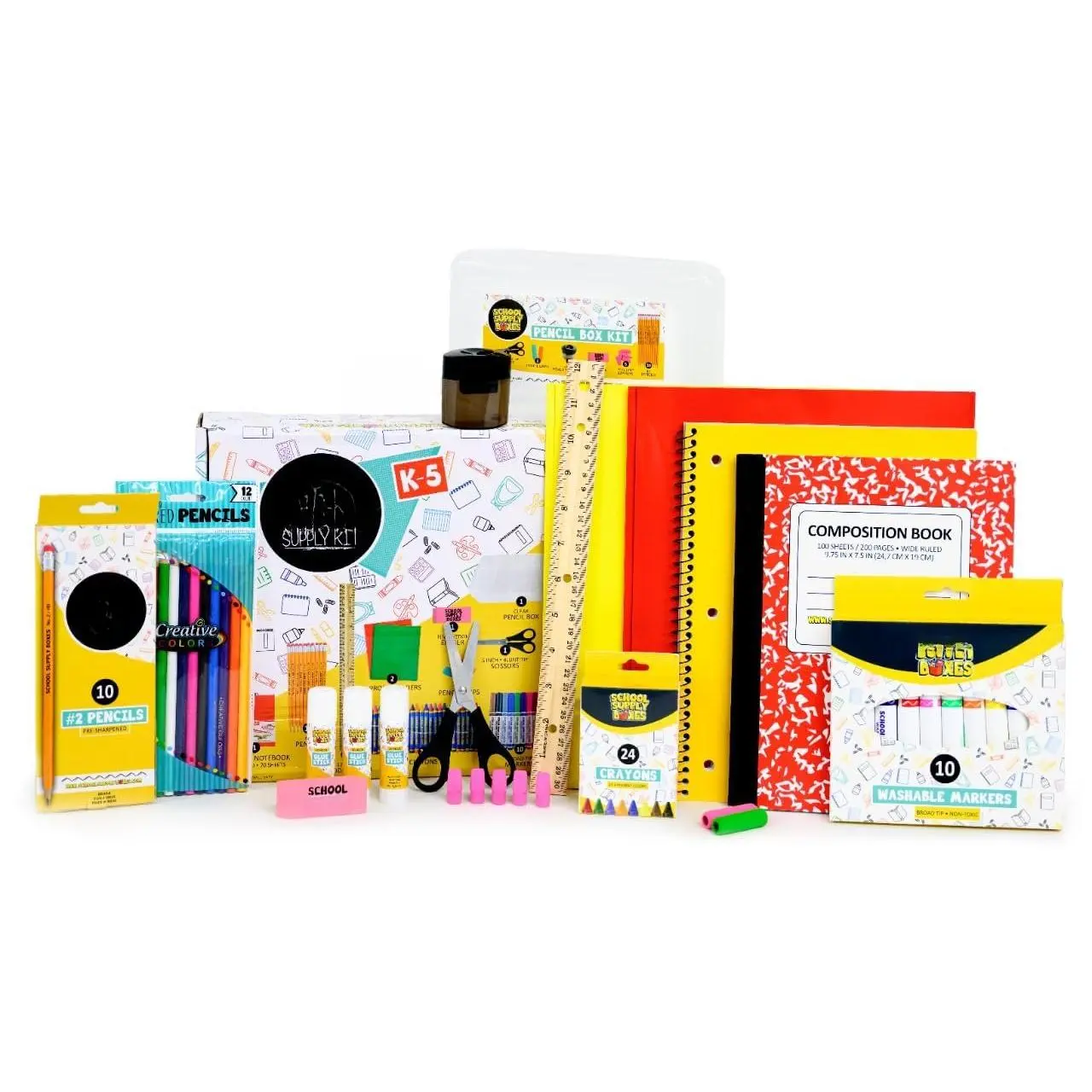 to   Box Grades K-5 -  - 32 count  Supplies Kit Includes Markers, Crayons, Pencils, , Folders, Glue Sticks, Notebook, and Composition Book