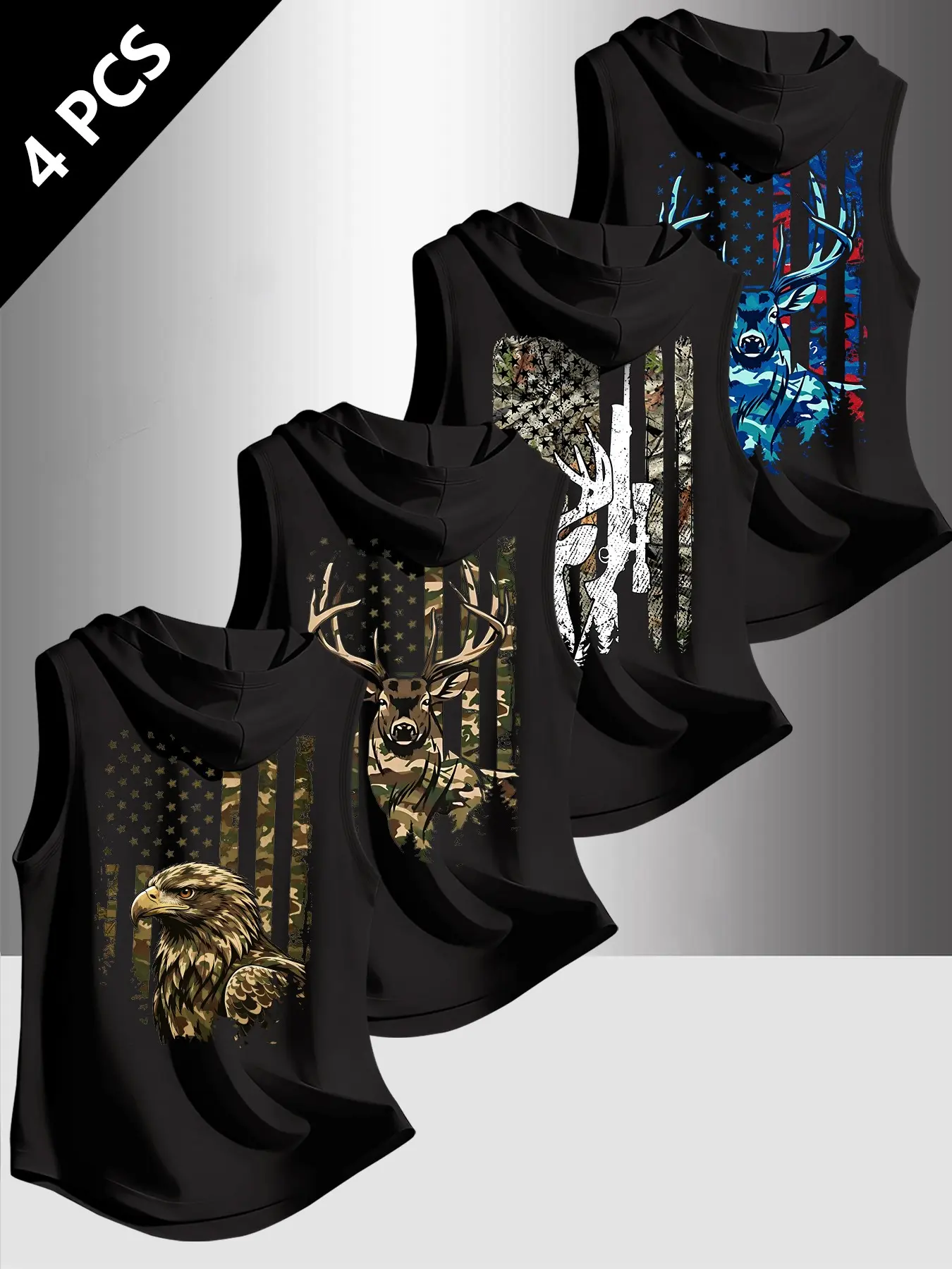4 Pack Mens Sleeveless Hooded Tank Tops Vintage Distressed Star Stripe Flag Camo Graphic Print Soft Breathable Athletic Vests, Activewear Sleeveless, Outdoor Hunting Patriotic Sleeveless Hoodies For Training Camping Street Daily Leisure Wear