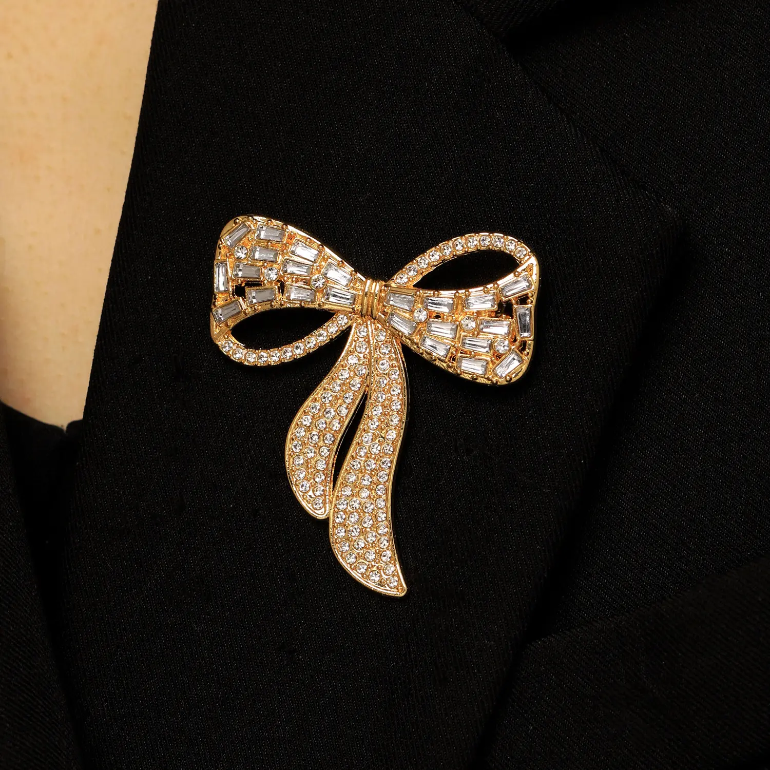 Women's Gold Metal Vintage Bow Shape Brooch - Crystal Rhinestone Solid Lapel Clip, Elegant Coat Accent for Dresses or Blazers, Female Jewelry