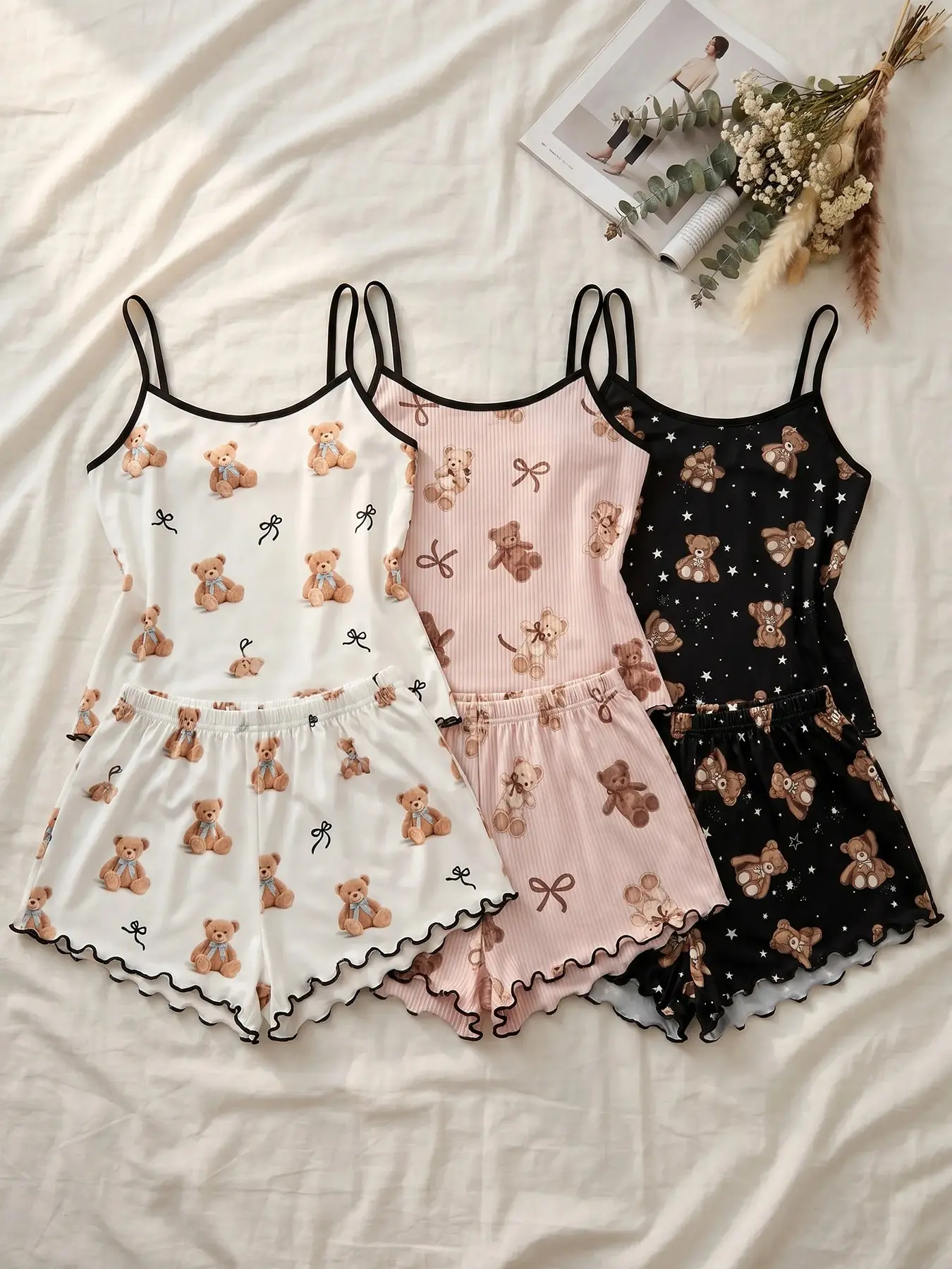 Women's 3 Pack Cami Top and Shorts Pajama Set, Spaghetti Strap, Spring Summer Wear, Kawaii Cartoon Teddy Bear Bow Print, Cute Playful Style, Adorable Casual Sleepwear for Women