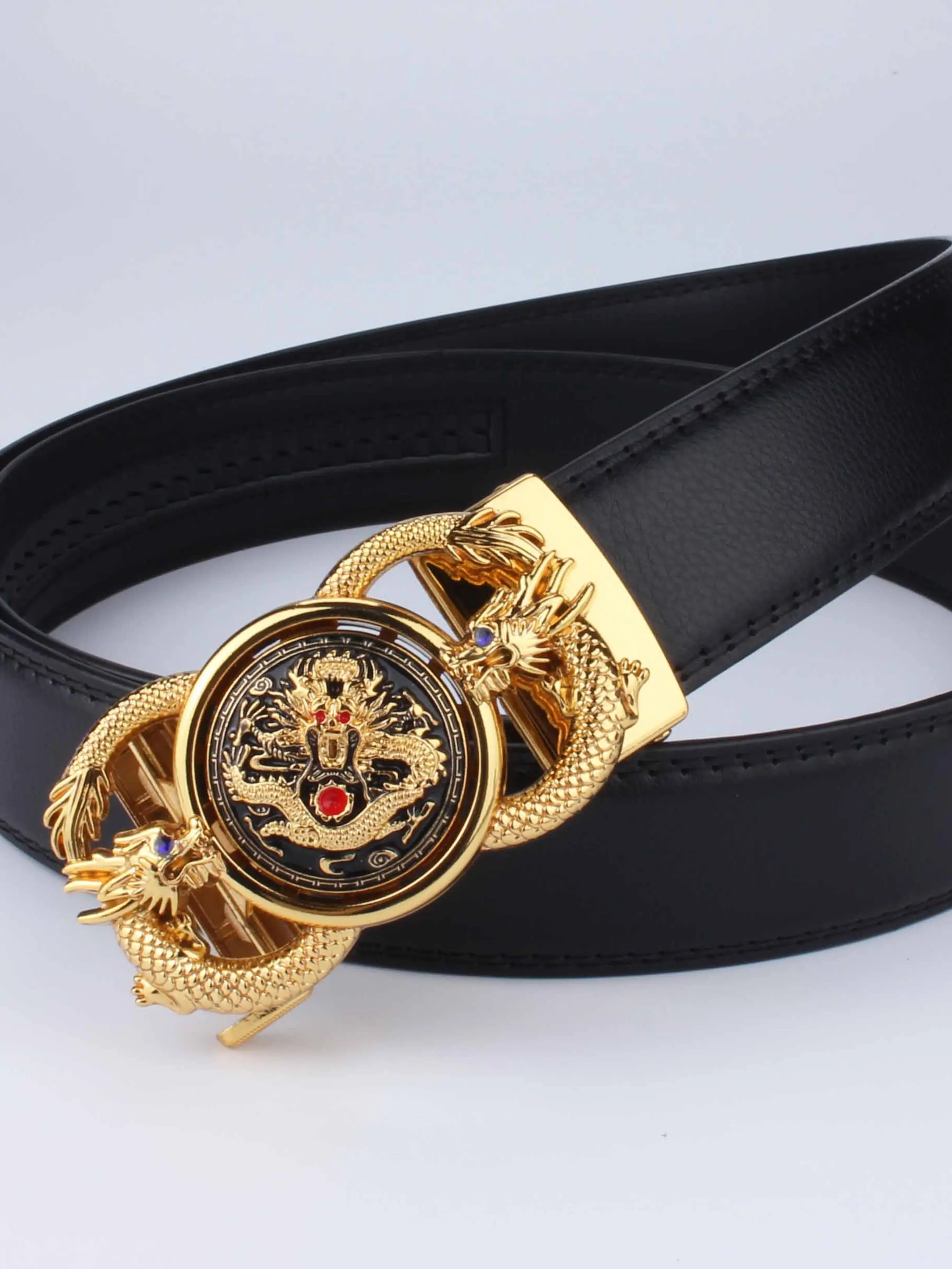1pc Luxury Fashion Business Belt, Versatile National Style Three Dragon Automatic Buckle, Men's Waistband, All Seasons, Synthetic Material