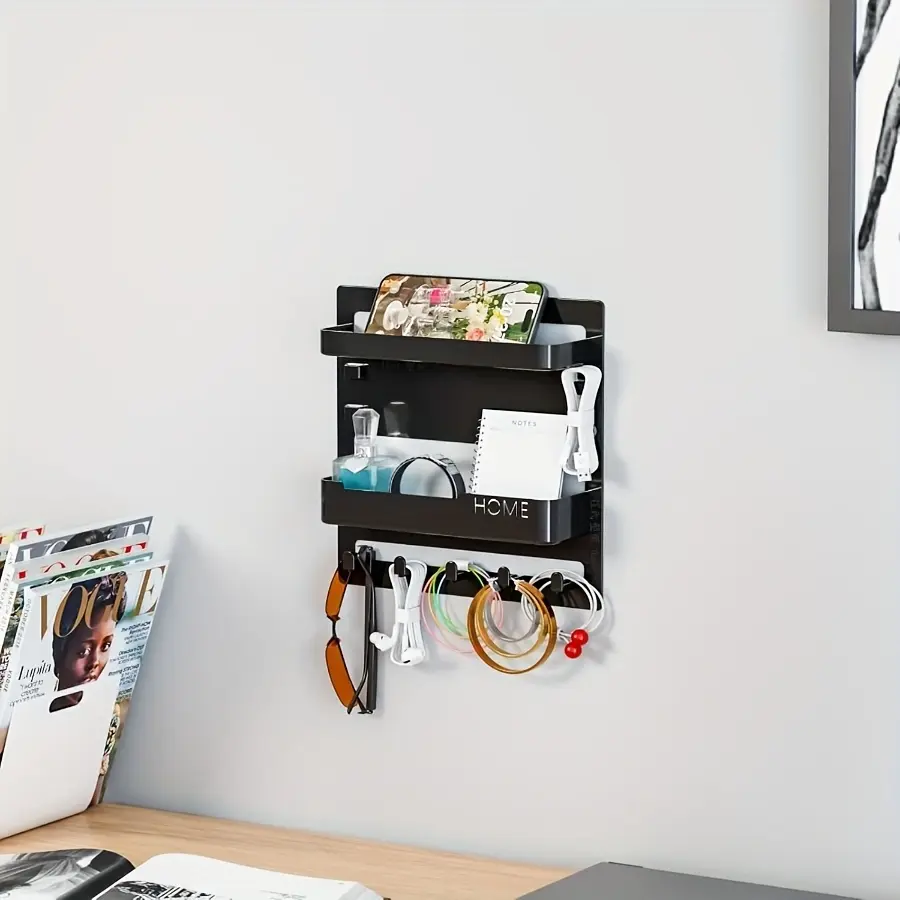 Bohemian Wall-Mounted Bedside Shelf with 5 Hooks - No Assembly Required Plastic Storage Shelf Suitable for Bedroom, Dorm, RV - Space-Saving -Shaped Suitable for Phones, Remote Controls, Headphones Holder, Modern, Floating Shelves