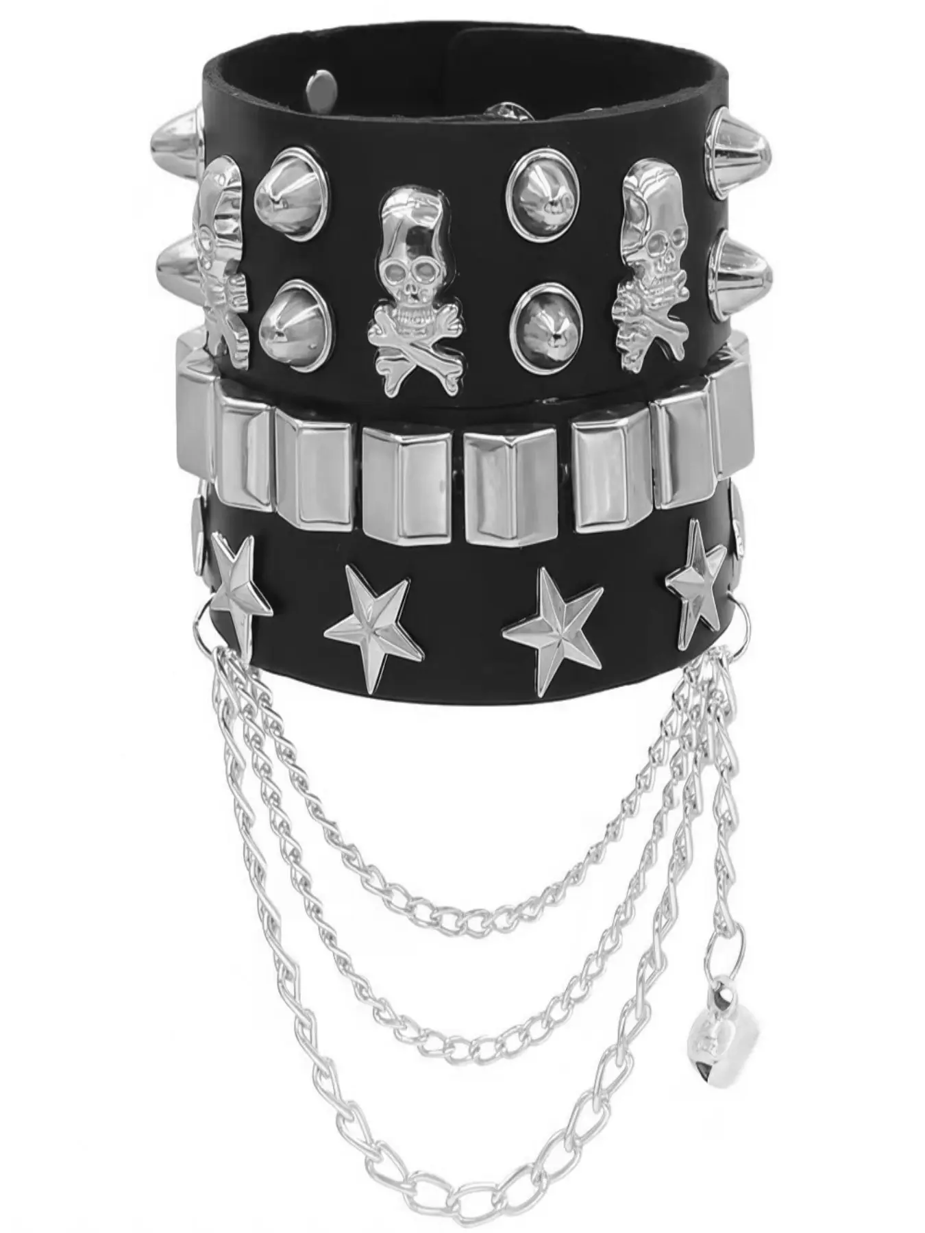 PU Leather Punk Bracelet Set: Skull & Spike Studded, Square Studded & Star Studded with Multi-Layer Tassel Chain Wide Cuffs, Multi-Snap Adjustable Gothic Rock Biker Jewelry for Men Women, Ideal for Halloween, Rock Concert & Birthday Gift