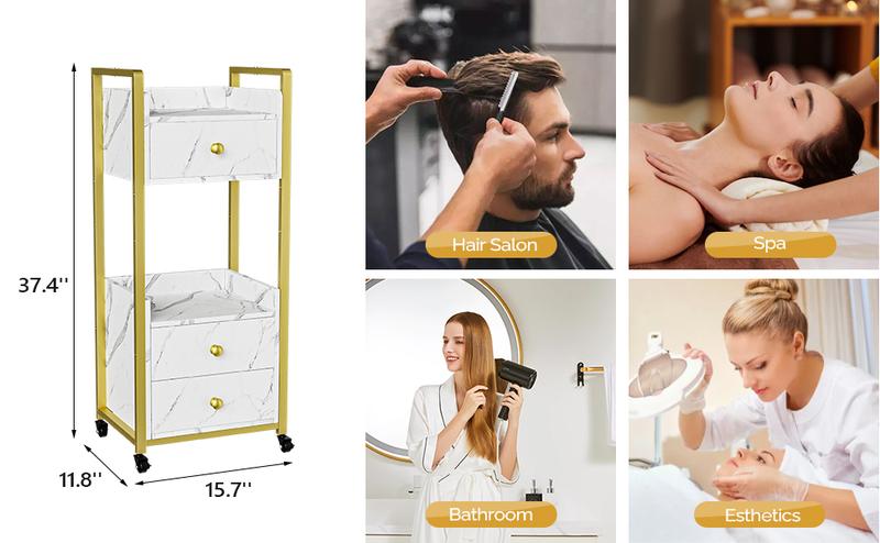 OmySalon Salon Trolley Cart with Wheels, Esthetician Cart with 3 Drawers & 2 Trays, Mobile Storage Organizer for Beauty Spa Massage Tattoo Esthetic Facial Tool Holder Station, White Marble