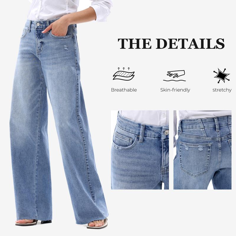 ONESO Mid-Waisted High Stretchy BBL Wide Leg Baggy All Season Jeans Tummy Control Outdoor Indoor Distressed Denim Pants Woman Soft Bottom Comfortable Denim Jeans Plus Size Regular Size