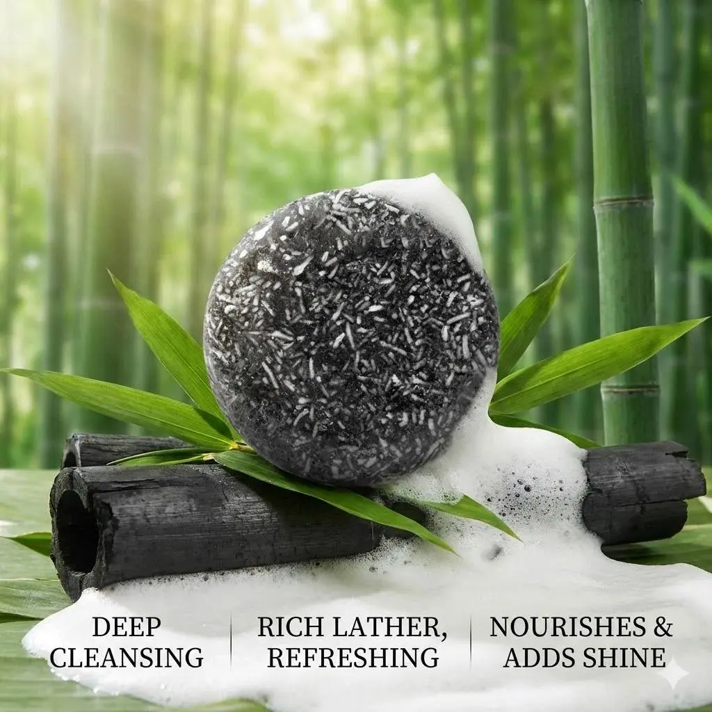 PURC Handmade Bamboo Charcoal Shampoo Bar Natural Essential Oil Soap Rich Lather Deep Clean Scalp Anti Dandruff Hair Care for Re