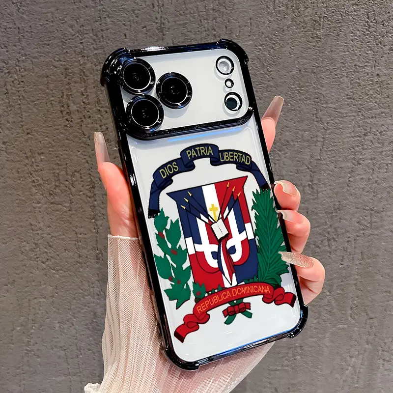 Dominican Republic Emblem Pattern Smartphone Case - Slim, Lightweight, Drop-Proof, Non-Slip, 4-Corner Electroplated Cover for iPhone 18 Pro Max Line, 17, 16, 15 Plus, 15, Air, 14, 13, 12, 11, E Cellphone Handheld Devices
