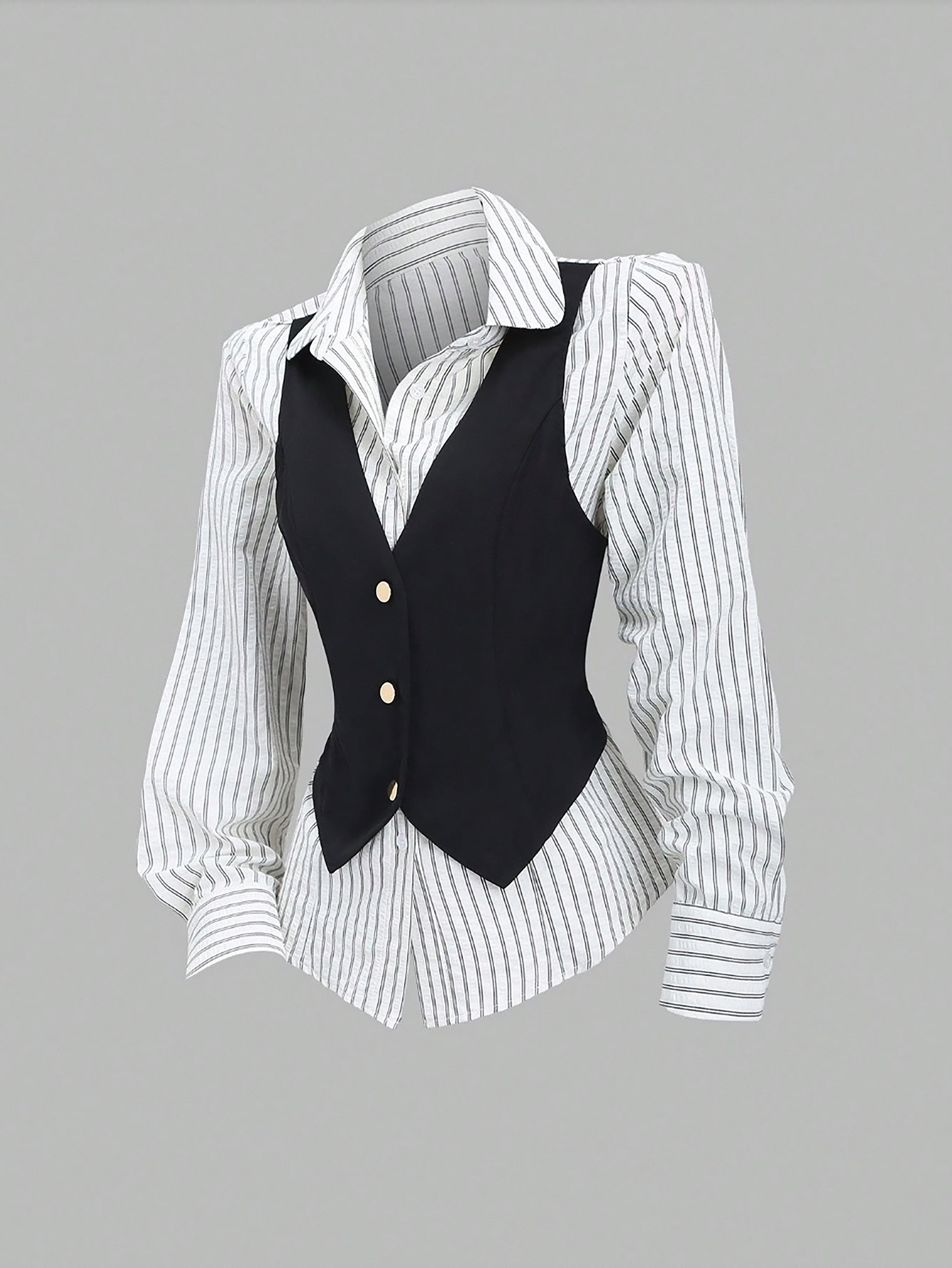 Faux Two-Piece Long Sleeve Plaid Blouse for Women, V-Neck Vest Lined Button Down Top, Slim Fit Business Casual Design, Ideal for Office Commute, Client Reception & Daily Professional Outfits