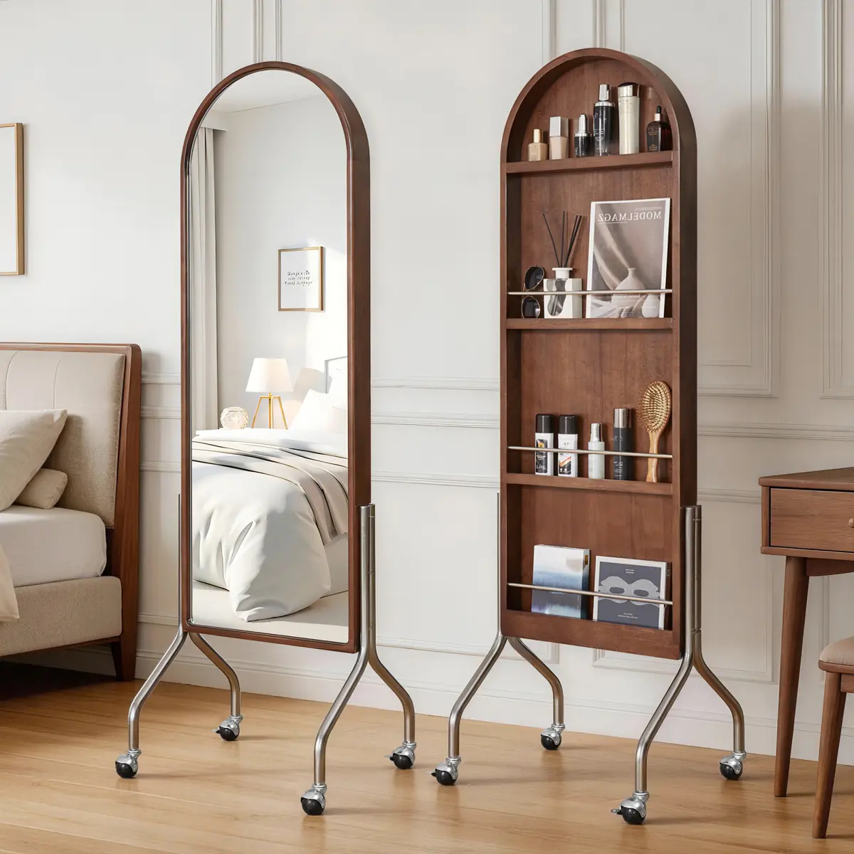 [Fahuac] Elegant Arched Full-Length Glass Mirror - Durable Rubber Wood Frame with Natural Woody Texture, Storage Shelves, 360° Rotatable Rolling Wheels for Easy Movement, Bedroom Vanity Mobile Home Decor