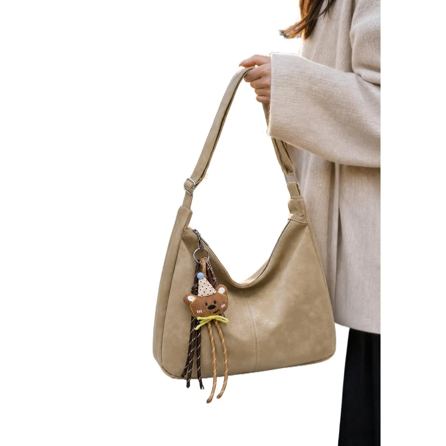 Women's retro tote bag medium PU shoulder bag urban simple casual messenger daily essential soft zipper top seam khaki brown black commuter daily wear