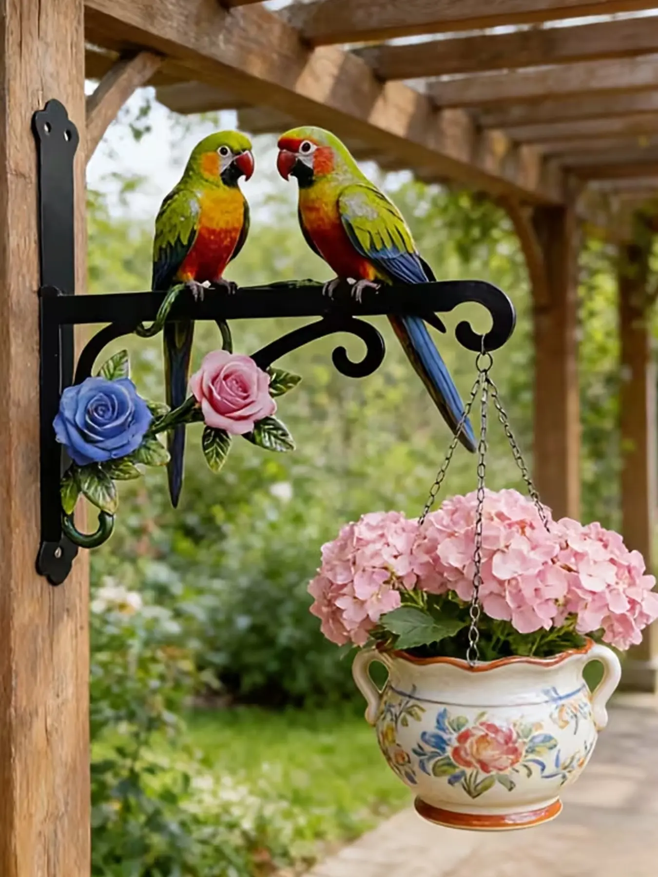 Colorful Metallic Wall Hanging Ornament with Two Parrots, Rust-Proof and Sun-Resistant, Ideal for Outdoor Use, Includes Mounting Screws