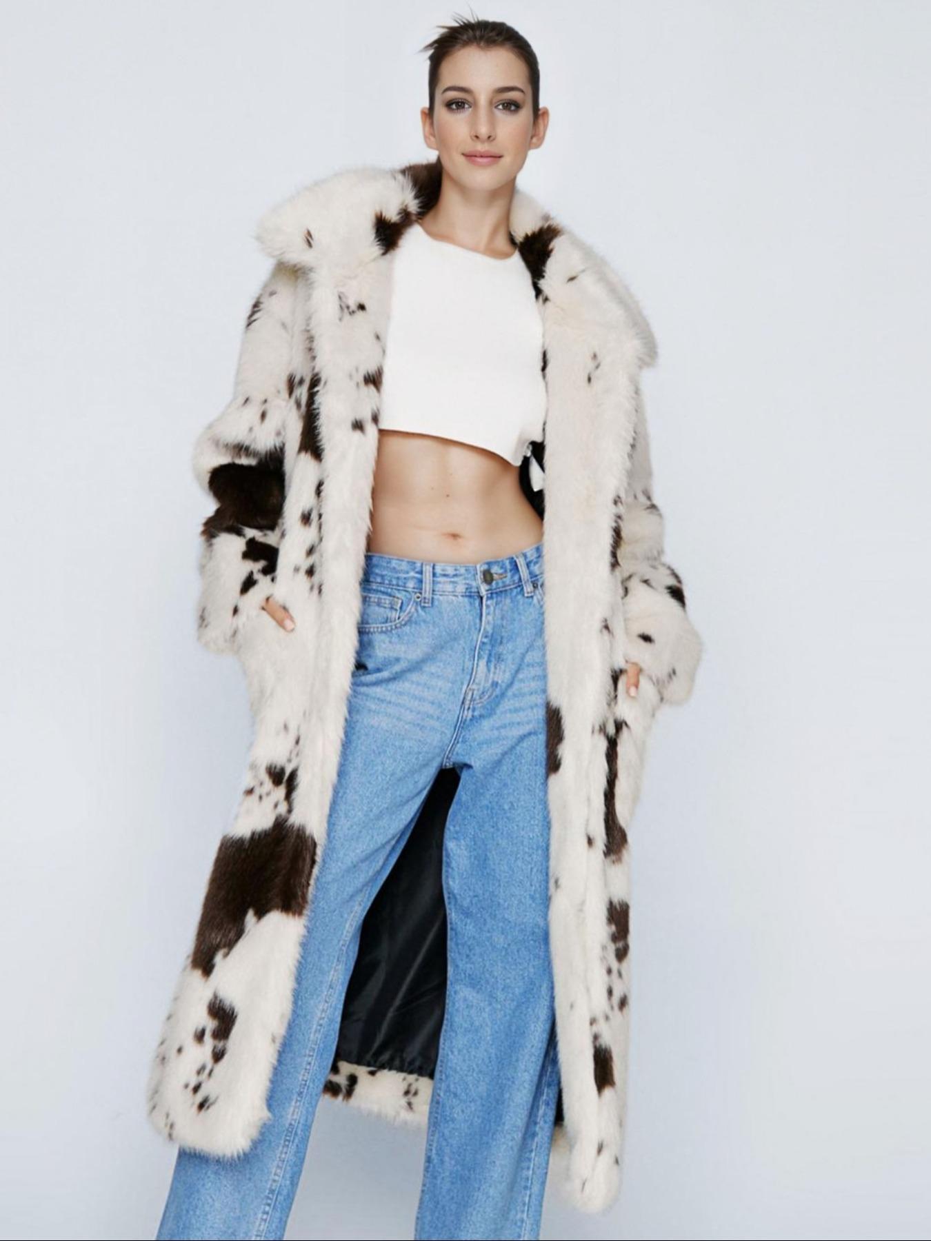 Women's Thick Fleece Faux Fur Coat with Lapel Collar, Stylish Casual Colorblock Patchwork Fitted Mid-Length Jacket for Fall & Winter, Soft Comfortable Polyester Outerwear