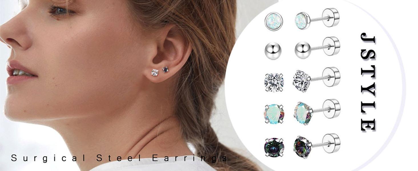 Jstyle 8 Pairs Surgical Steel Earrings for Sensitive Ears Hypoallergenic 20G Stainless Steel Stud Hoop Earrings for Women Men Small Opal Ball CZ Studs & Hoops Jewelry - Studearrings