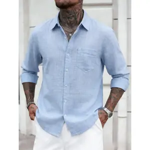 Men's Plain Linen Button-Down Long-Sleeve Shirt - Casual Lightweight Breathable Menswear with Pockets, Regular Fit Summer Beach Top, Ideal Easter Gift for Him