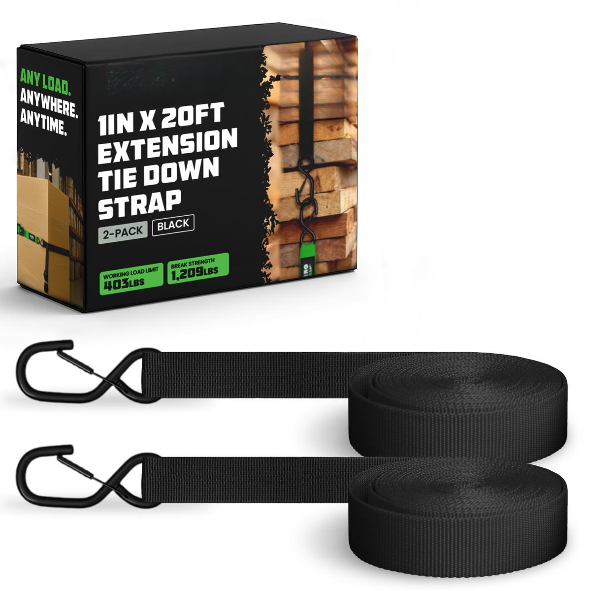 USA 1" x 20' Ratchet Strap Extension (2 Pack) with Loops Every 5 FT, S-Hook with Safety Clip – 1,209 LB Break Strength – Cargo Tie Down for Oversized Loads, Boxes, Moving, Hauling