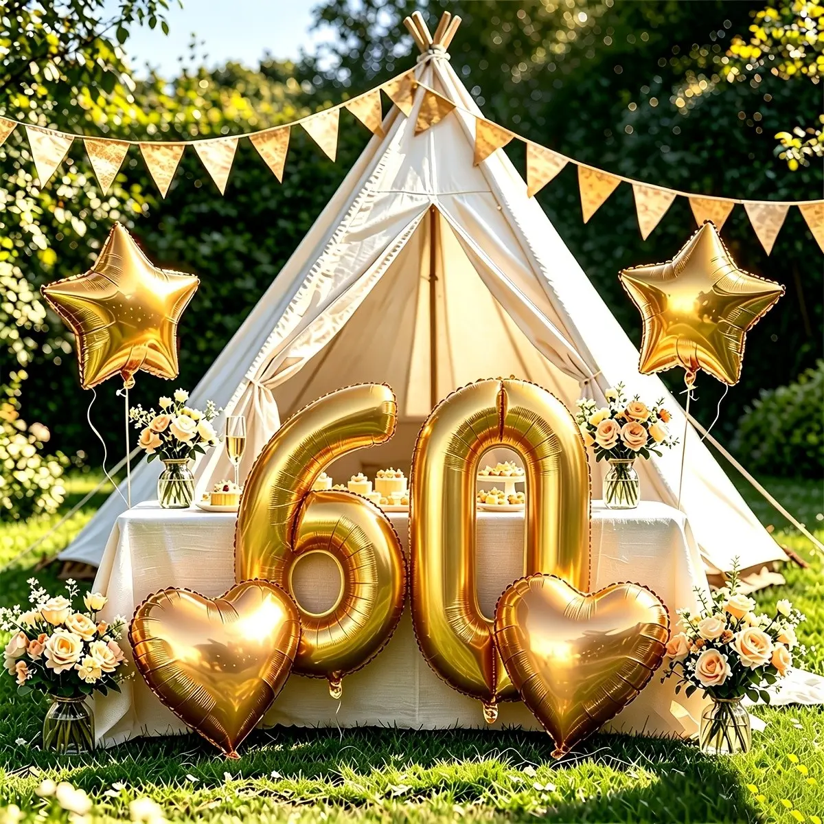 32inch Gold number 60 balloon digital balloon 60 with 18inch gold star balloons and gold heart balloons total 6pcs Helium Balloons for Wedding Happy Birthday 60th party decorations anniversary 60 years party supplies Balloon Decorations Kit