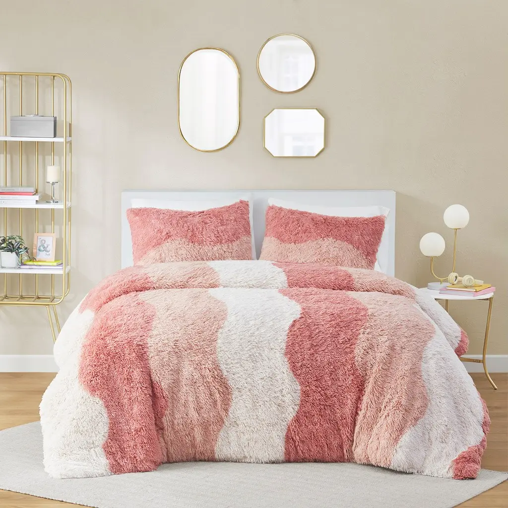 Nokaa Full/Queen Ombre Shaggy soft plush Comforter Set - Ultra Soft Plush Bedding with Gradient Wave Pattern, Hypoallergenic Down Alternative, Machine Washable, 1 Comforter + 2 Pillow Shams, Multicolor