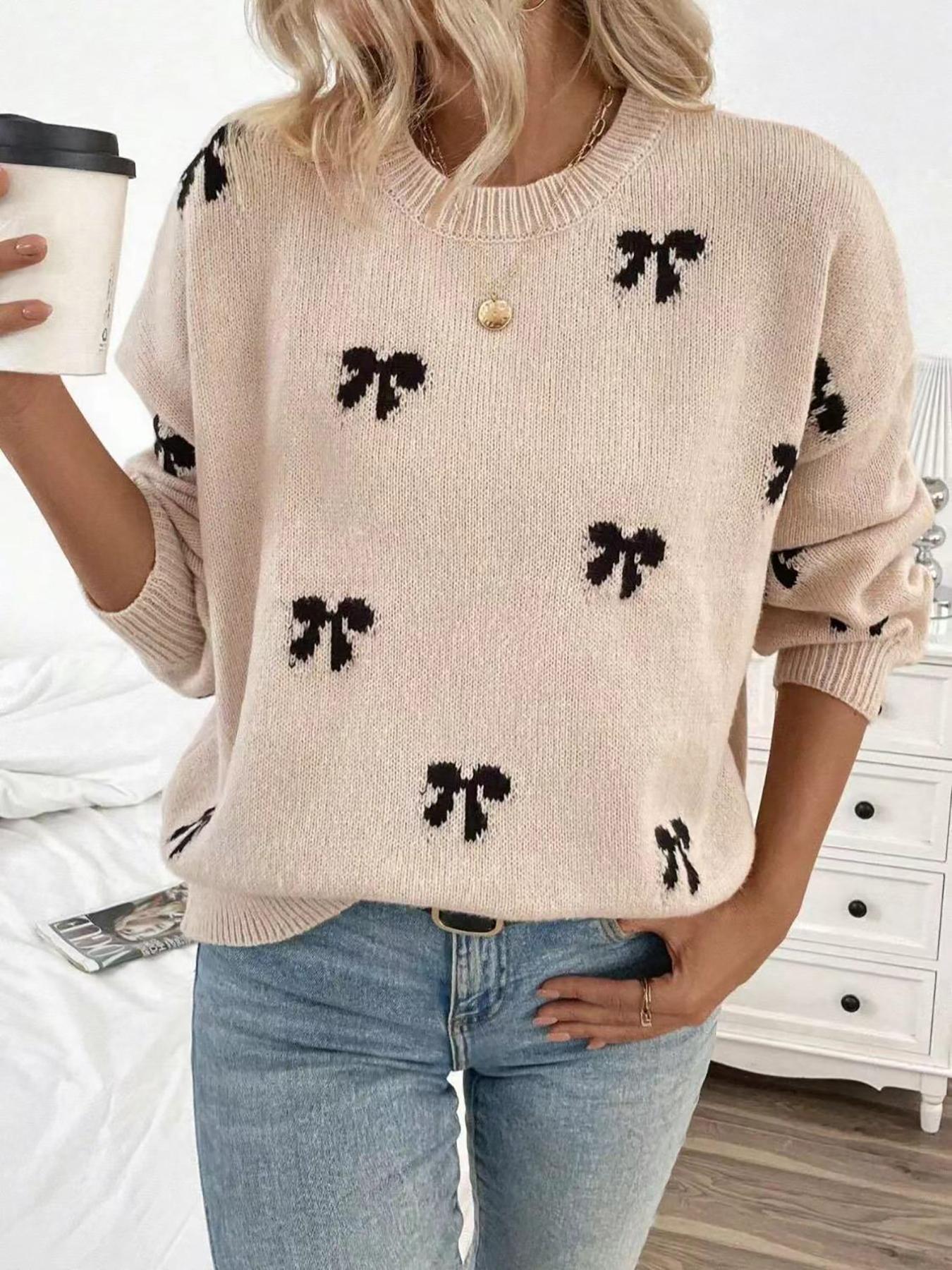 Elegant Bow Pattern Knit Pullover Sweater, Fitted Chic Long Sleeve Round Neck Casual Top for Fall & Winter, Women's Fashion Daily Wear