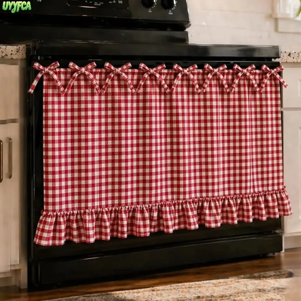 Cute Gingham Plaid Oven Skirt Stovetop Cover - Rustic Boho Farmhouse Style with Ruffle Bow & Lace Trim, Double-Sided Thick Fabric for Cottage Core Decor, Decoration Home Decor Items Kitchen Accent, Slip-On, Protects Stove From Spills, Durability And Style
