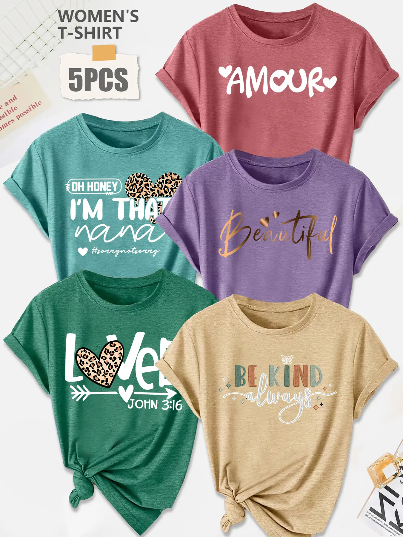 5Pcs Women Crew Tee, Leopard Heart Faith Love Letter Print, multi-color washable loose top