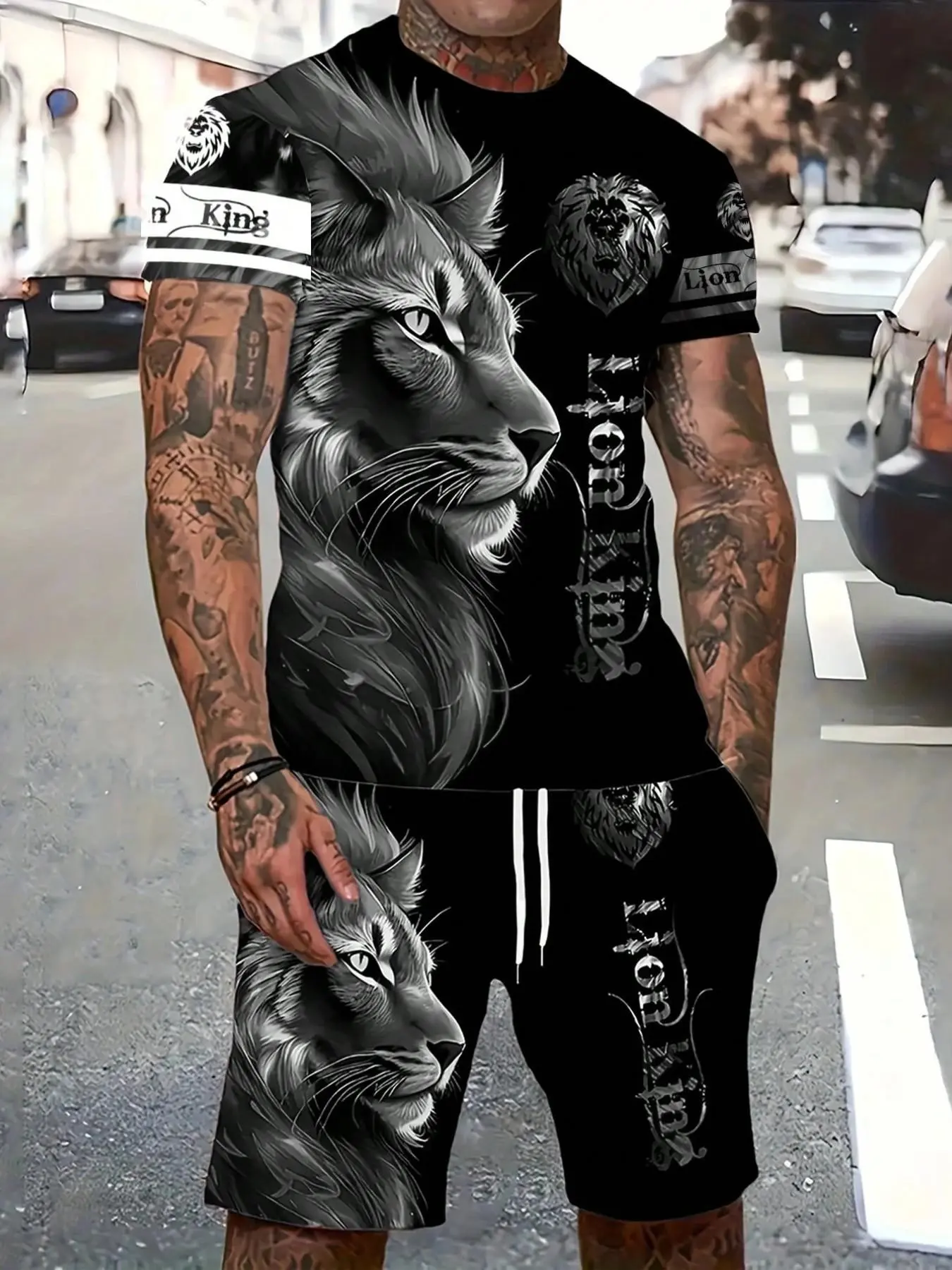 Men's Lion King Full-Print T-Shirt & Shorts Two-Piece Outfit, Multicolor Flame Lion Head Graphic Set for Summer Casual Street Sports Wear