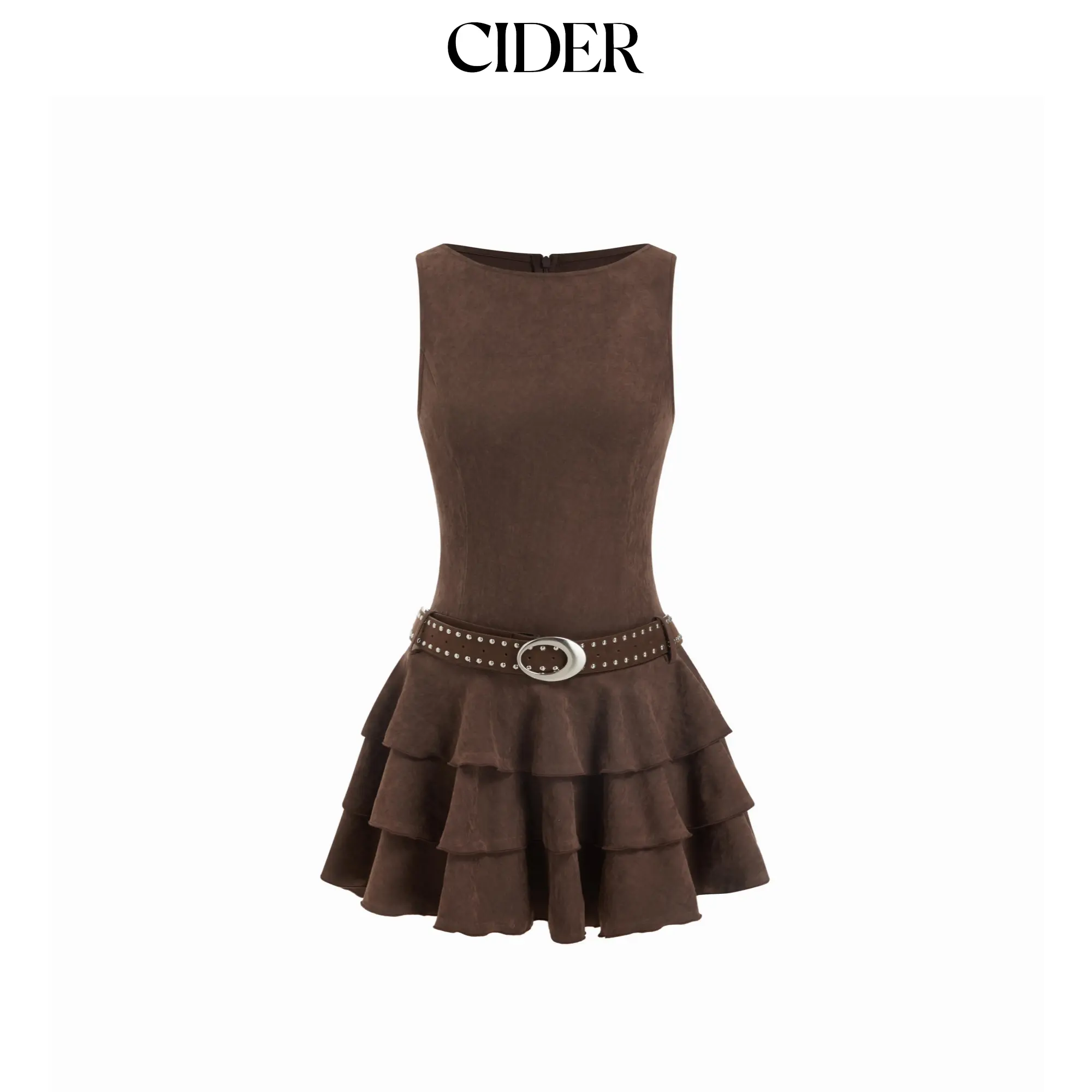 Cider Round Neckline Tiered Hem Mini Dress With Studded Belt SummerFinds