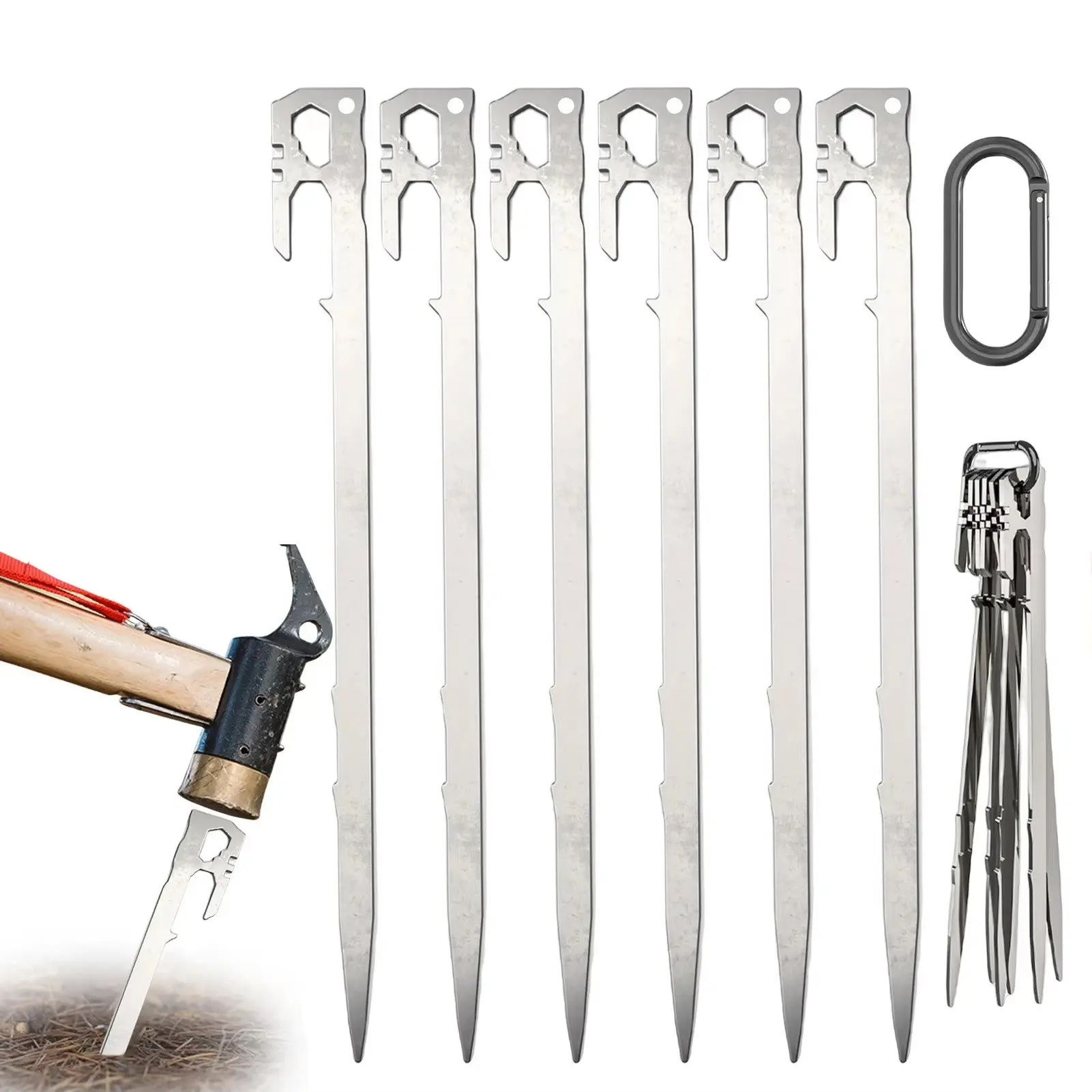 6-Piece Camping Heavy Duty Tent Stakes Set, 28cm Stainless Steel Ground Pegs, Ideal for Garden, Beach Umbrella, Hammock, Trampoline Accessories