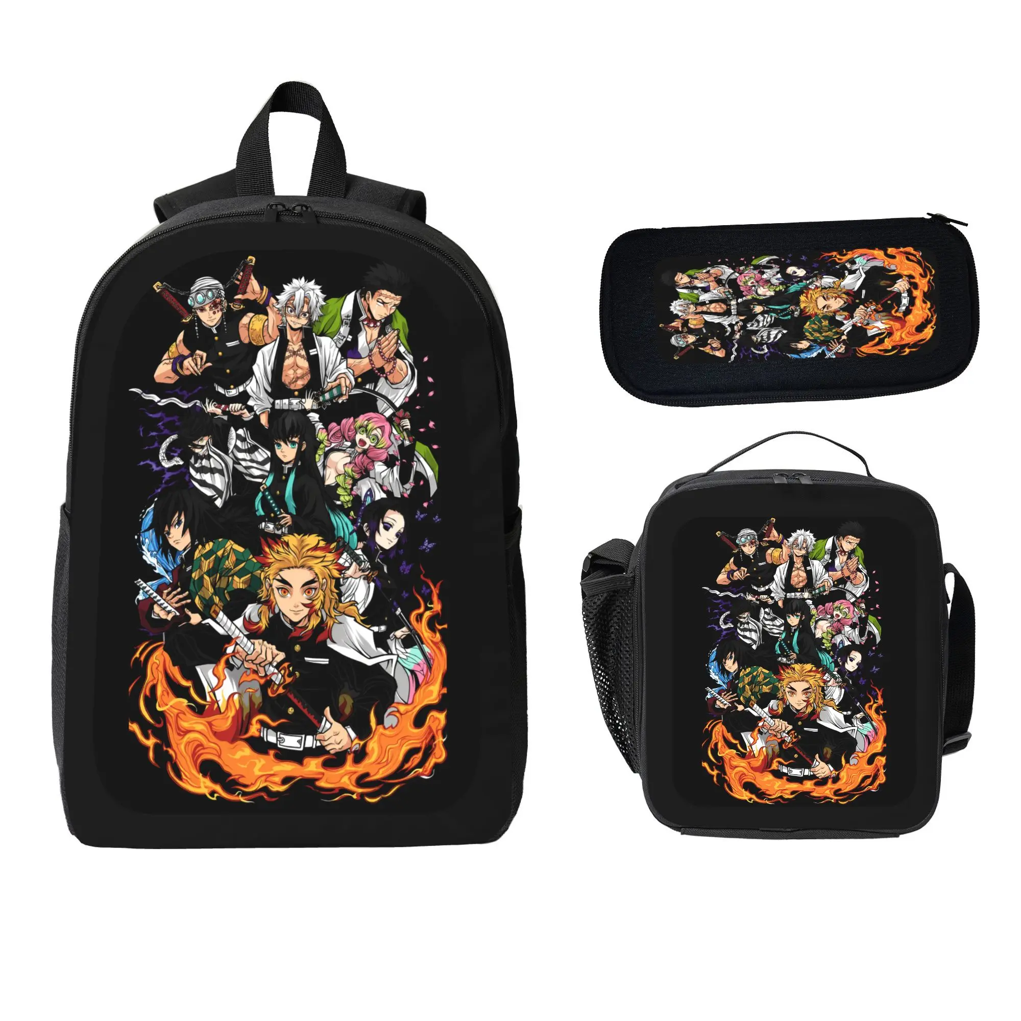 Demon Slayer 3‑Piece Backpack Set Assorted Anime Character Designs Backpack Lunch Bag Pencil Pouch Perfect Back to School Gift for Anime Fans