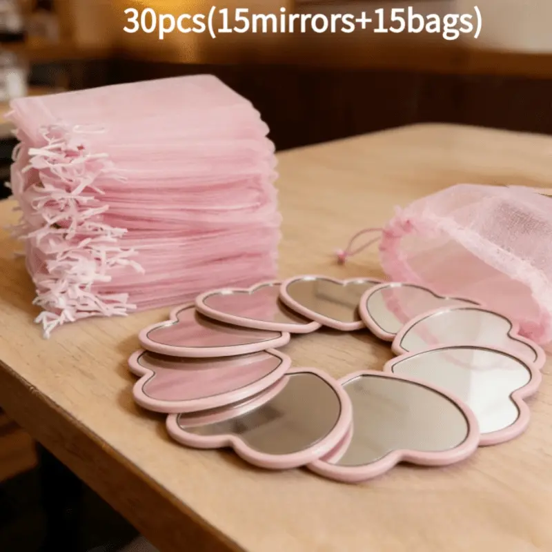 15 heart-shaped mini mirrors with a pink storage bag, perfect for travel, wedding gifts, and Korean skincare routines – pink ribbon mini lightweight portable mirror series, polished decorations, great for decor and gifts