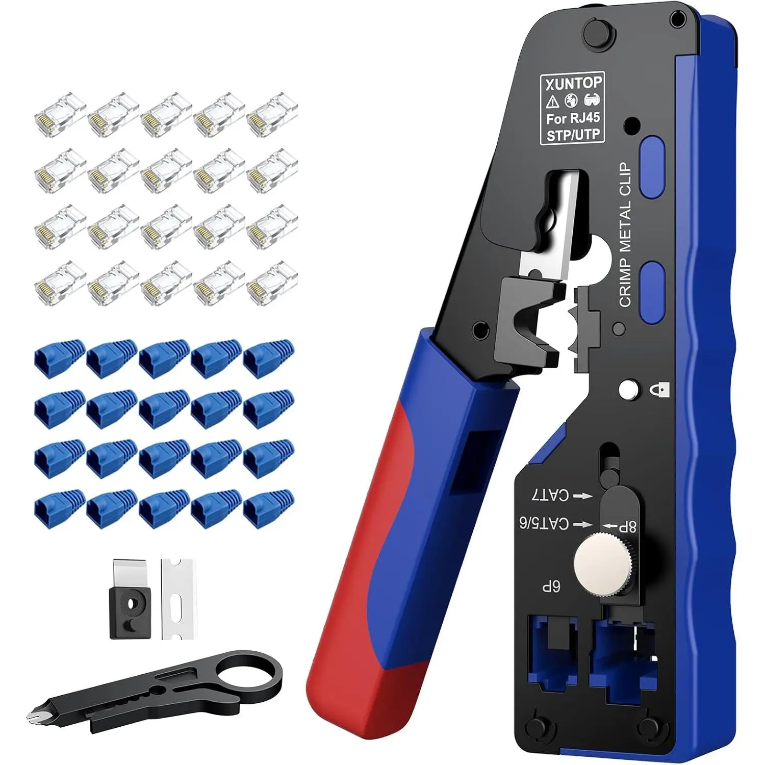 XUNTOP Pass Through RJ45 Crimp Tool Kit for Cat5 Cat6 Cat6A Cat7 All-in-One RJ45 Crimp Tool Kit with 20 Cat6 Pass-Through Gold-Plated Connectors for Cutting Stripping Crimping Ethernet Cables