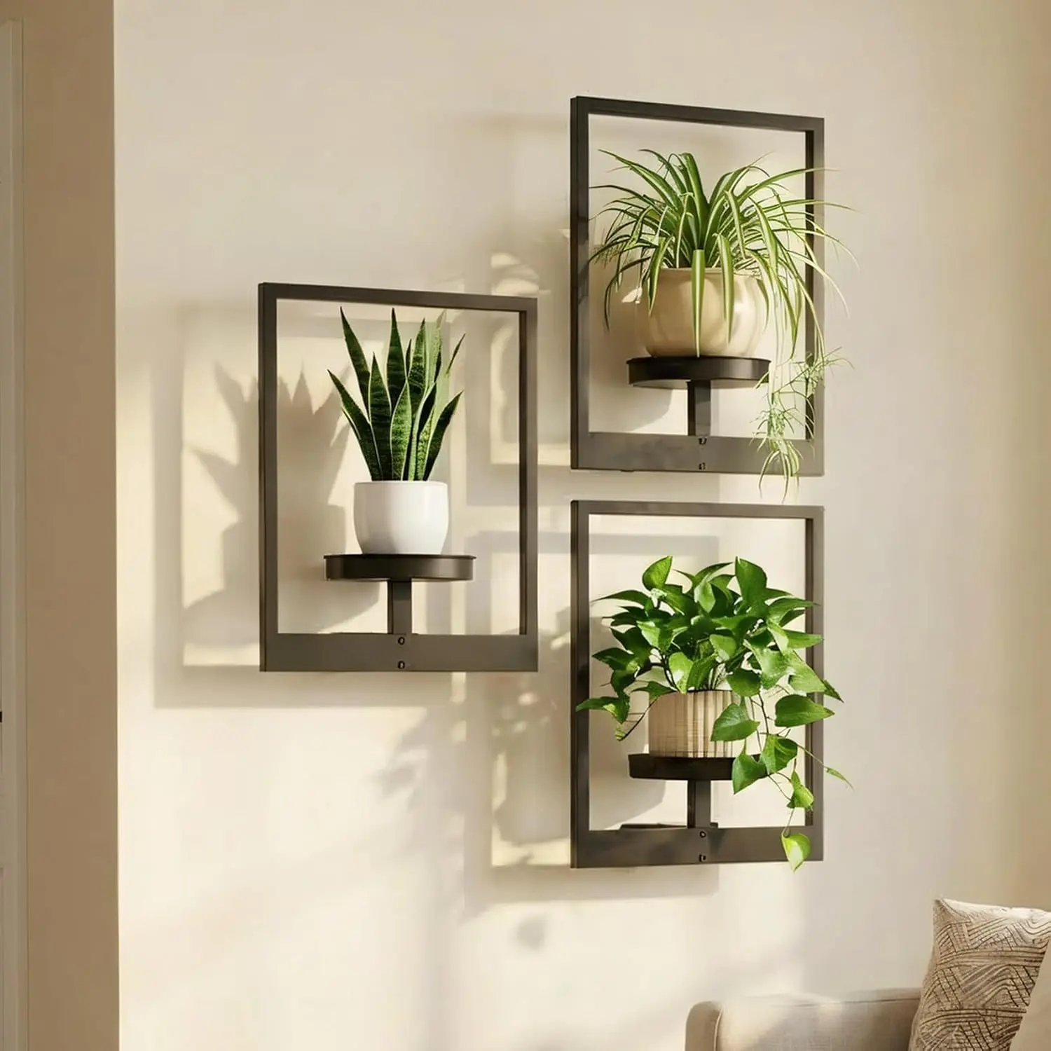 Picture Frame Wall Planters Set of 3, Modern Metal Hanging Shelves for Plants, Rustproof Wall Mount Flower Pot Holder for Indoor Outdoor, Decorative Plant Stand for Living Room Patio, Black