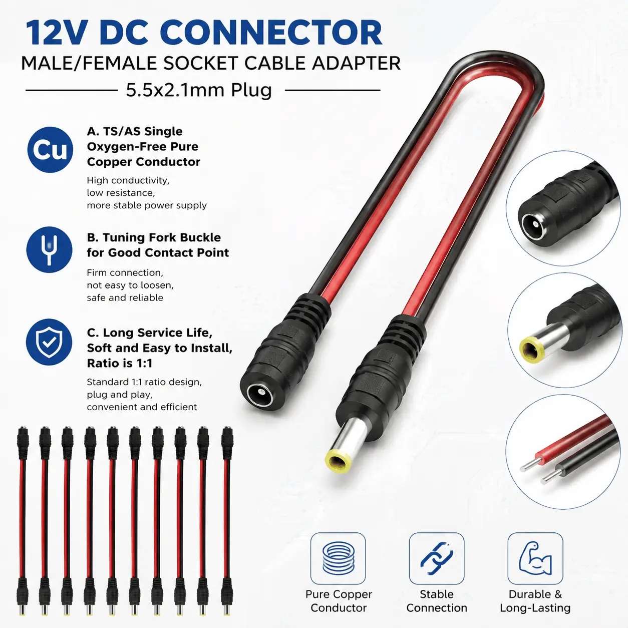12V DC Barrel Connector Kit, Male Female 5.5x2.1mm Plug Adapter Cable, 5/20/50Pcs for LED Strip Light, CCTV Camera, LED Driver, Electrical Wiring