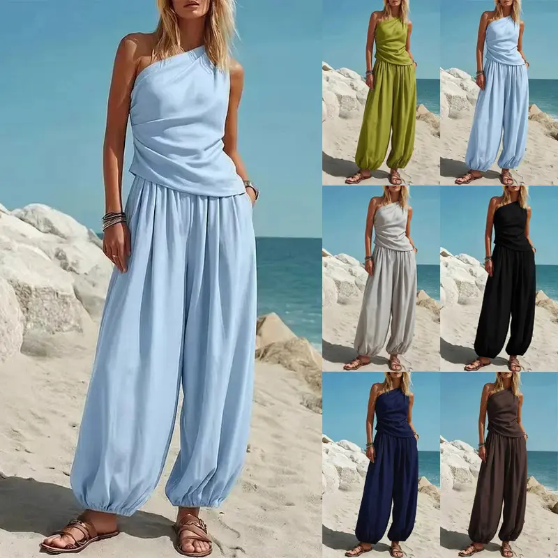 Women’s One Shoulder Two-Piece Outfit, Sleeveless Ruched Top and Relaxed Harem Pants Set, Lightweight Summer Vacation and Beach Wear
