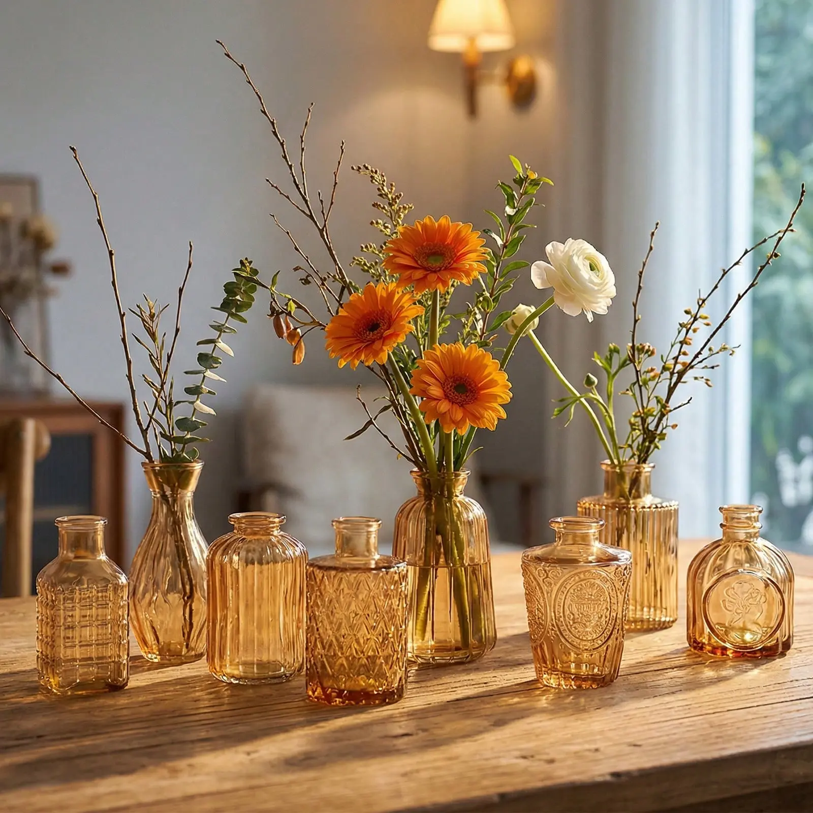 18pcs Glass Bud Vase Set, Bulk Amber/Clear Mini Vintage Flower Vases For Outdoor Table Centerpieces, Spring Decor Small Vases For Home Wedding Patio Garden Party Decor, Mother's Day Decor, Ideal Mother's Day Gift