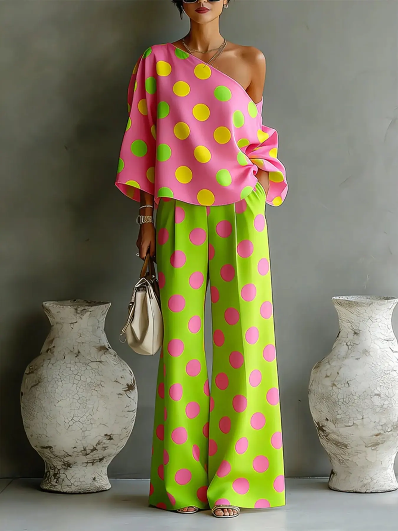 2026 Summer New Fashion Colorful Polka Dot Set, Off-Shoulder Contrast Top, Flowy Long Pants, Two-Piece, European and American Style