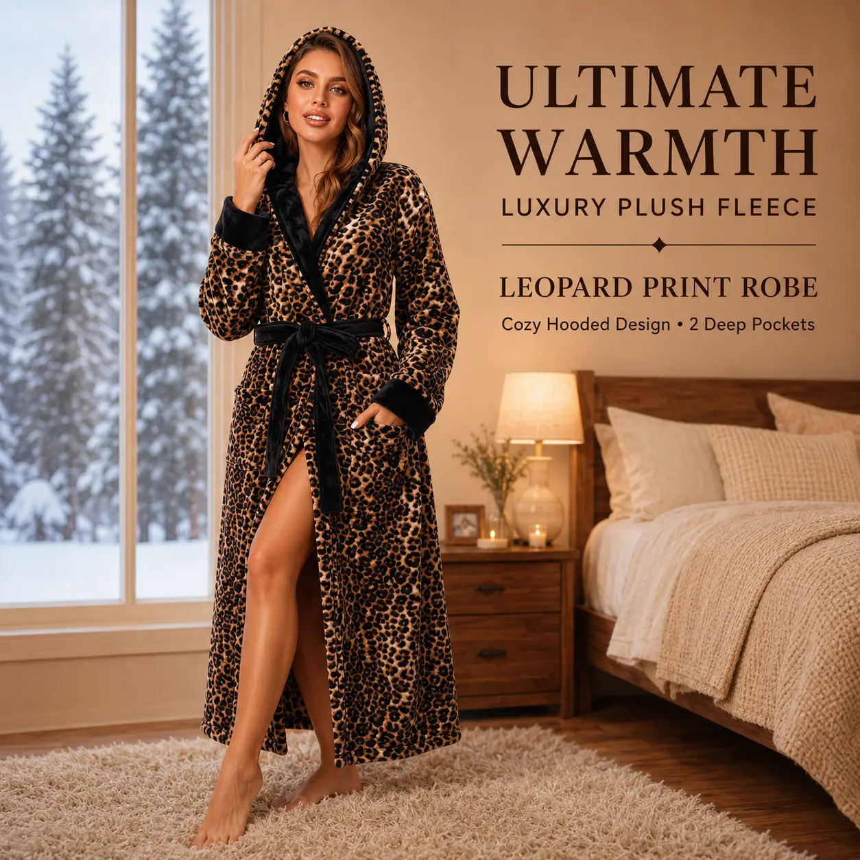 RONGTAI Women's Aesthetic Leopard Print Flannel Hooded Bathrobe Gown - Casual Oversized Loose Fit, Thick Warm Fluffy Fleece Fabric, Long Sleeve, Belted, Below Knee, Pockets, Spa Loungewear Sleepwear