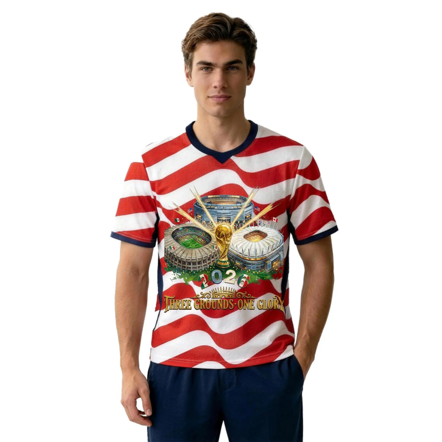Sporty Style, Football Jersey, Three Stadiums And Trophy Design, Sublimation Printing, Men's Active Wear For Sports Events