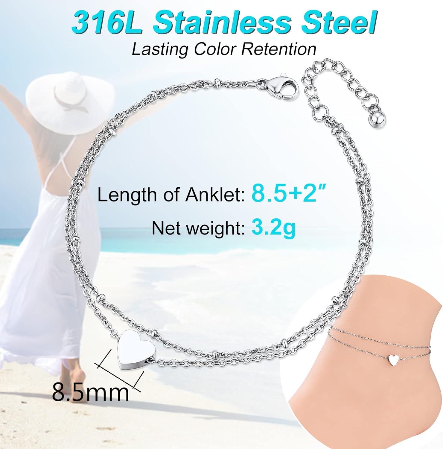 Womens S925 Sterling Silver Adjustable Anklet, Heart/Moon/Handcuff Ankle Bracelet,Summer Foot Jewelry, Stainless Steel/Gold Plated (send gift box)