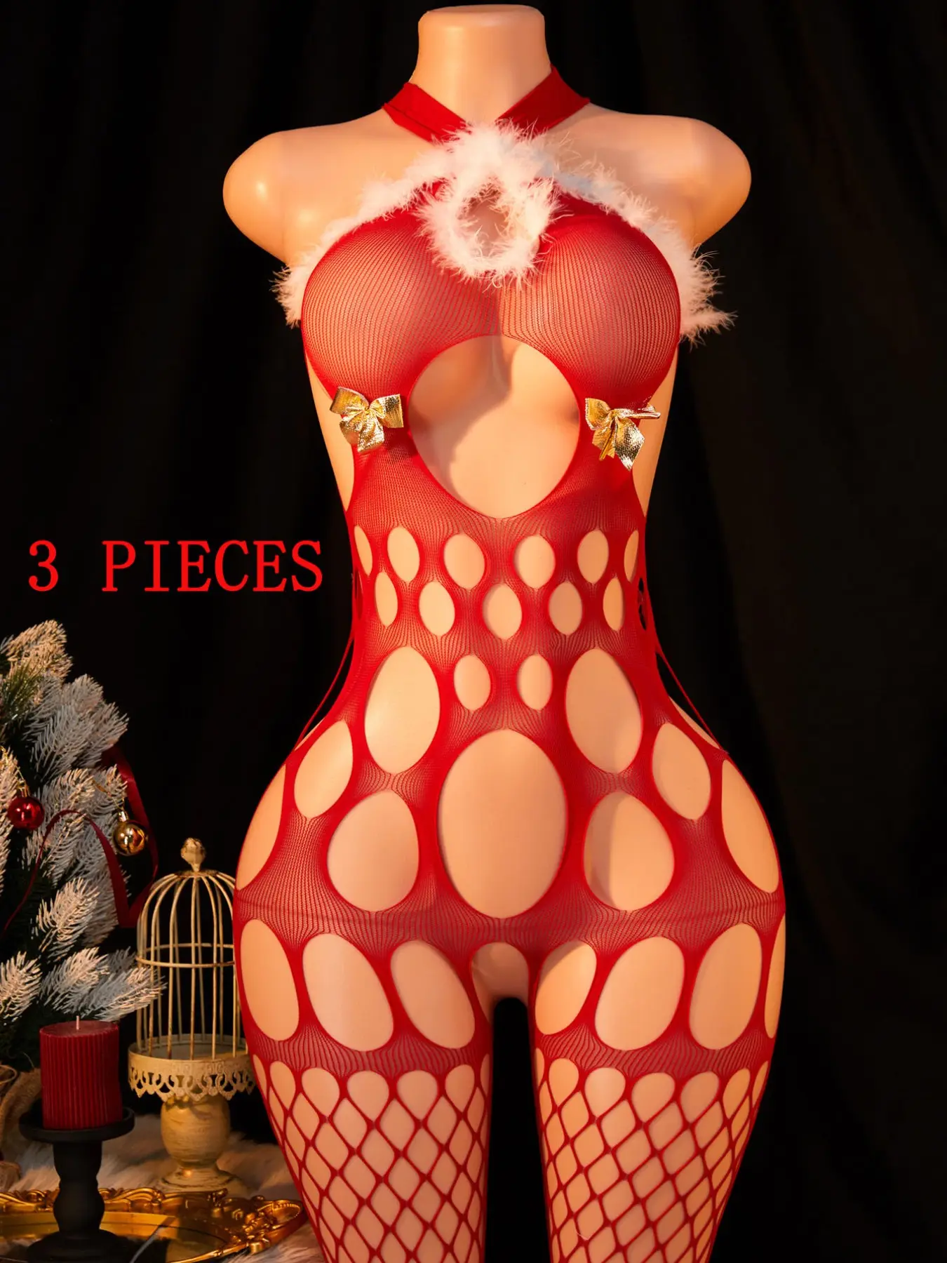 New Women's Christmas Lingerie Set, Sexy Holiday, Cosplay Costume, Sleepwear, Babydoll Lace Mesh Fluffy Fuzzy Bra, Hot Lace Bodysuit