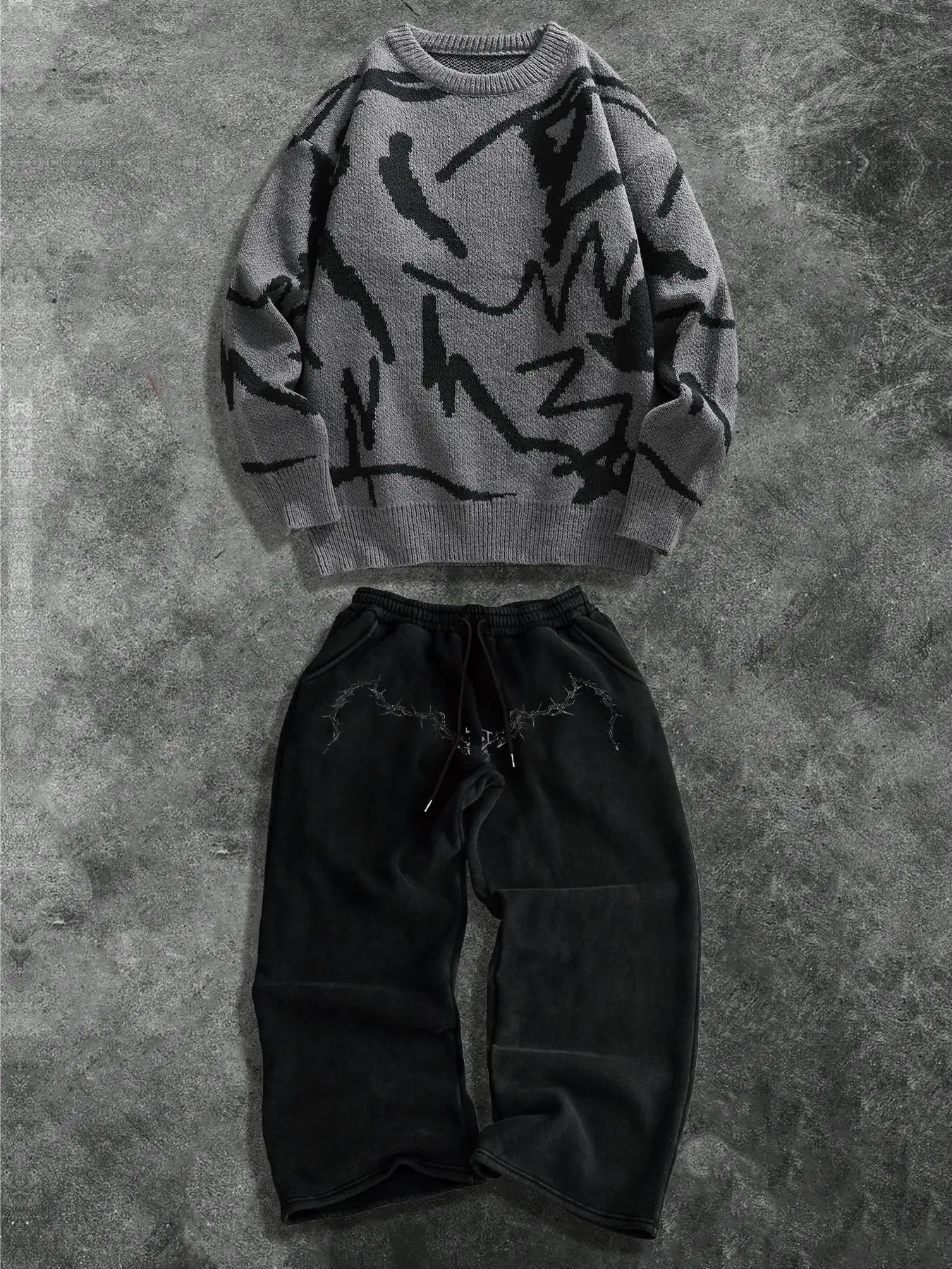 Unisex Streetwear Set, Long Sleeve Sweater & Printed Pants Two-Piece, Casual Fashion, Retro Campus Style, Must-Have for Trendsetters