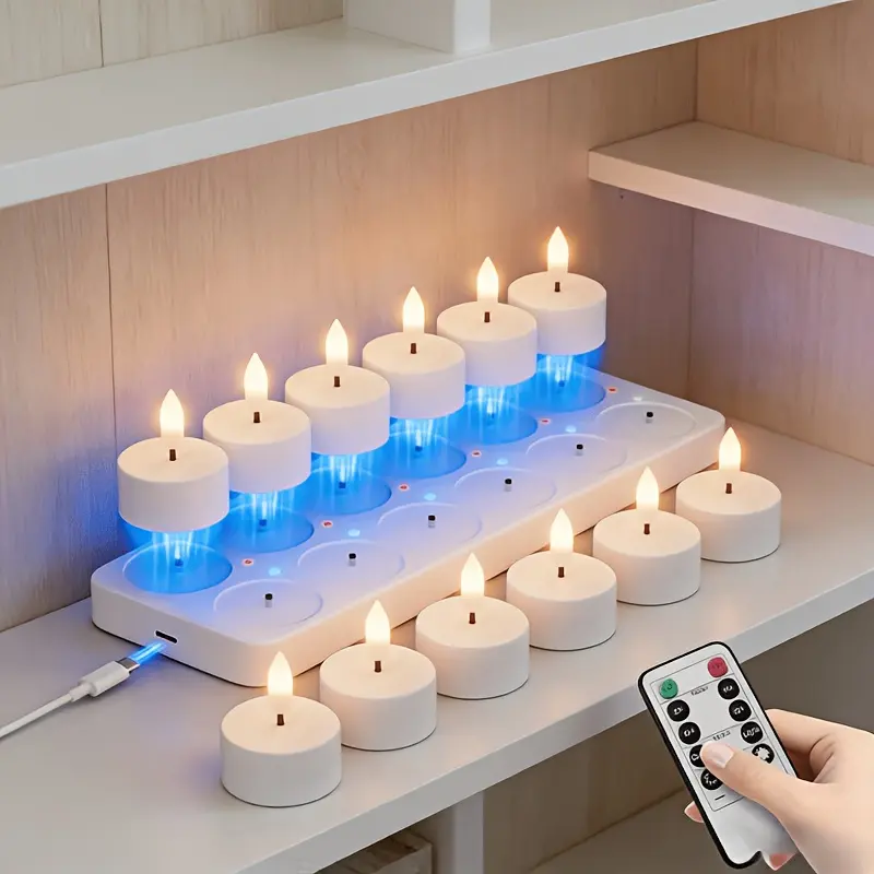 Rechargeable Electric Flameless LED Candle Set, 6/12 Pack LED Tea Lights with Dedicated Charging Base, Battery Powered Safe Flameless Candles, Romantic Decor for Bedroom, Party, Dining Table Centerpiece, Can Be Used As Soft Night Light